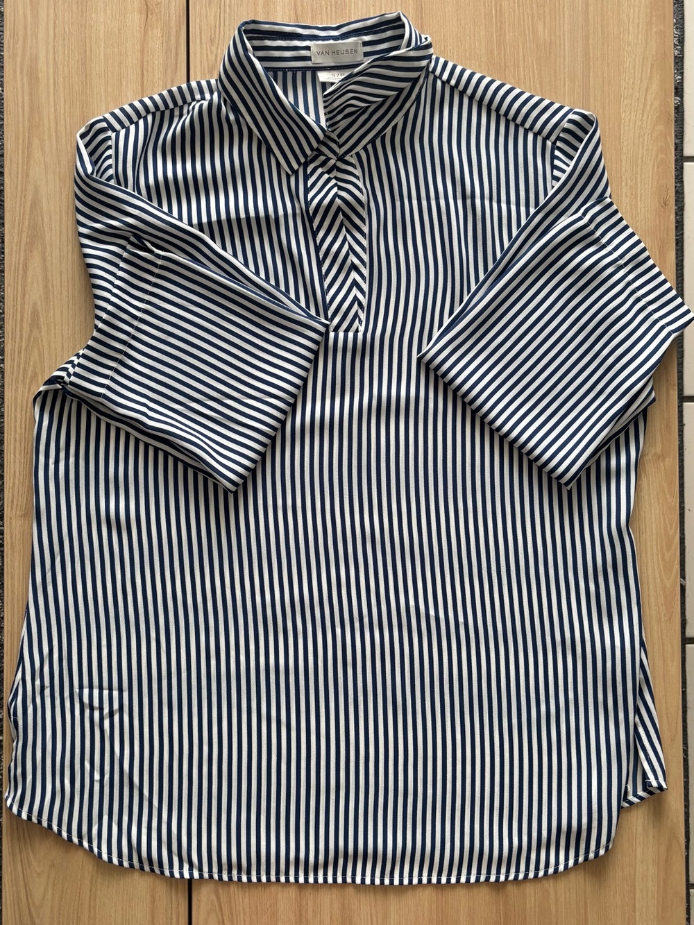 Van Heusen Navy Blue White Striped Roll Tab Sleeve Blouse Small